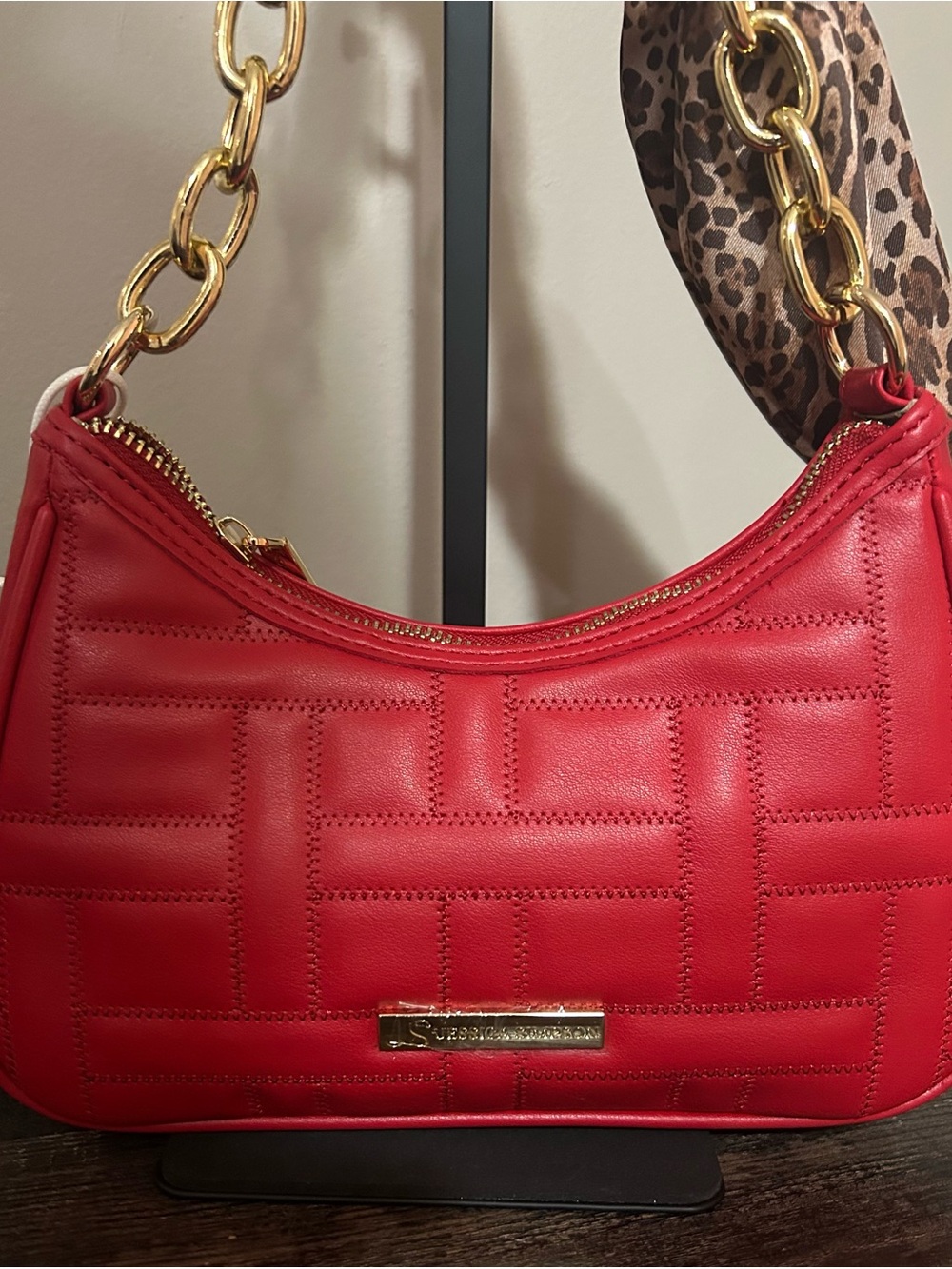 Jessica Simpson Red Quilted Shoulder Bag with Gold Chain